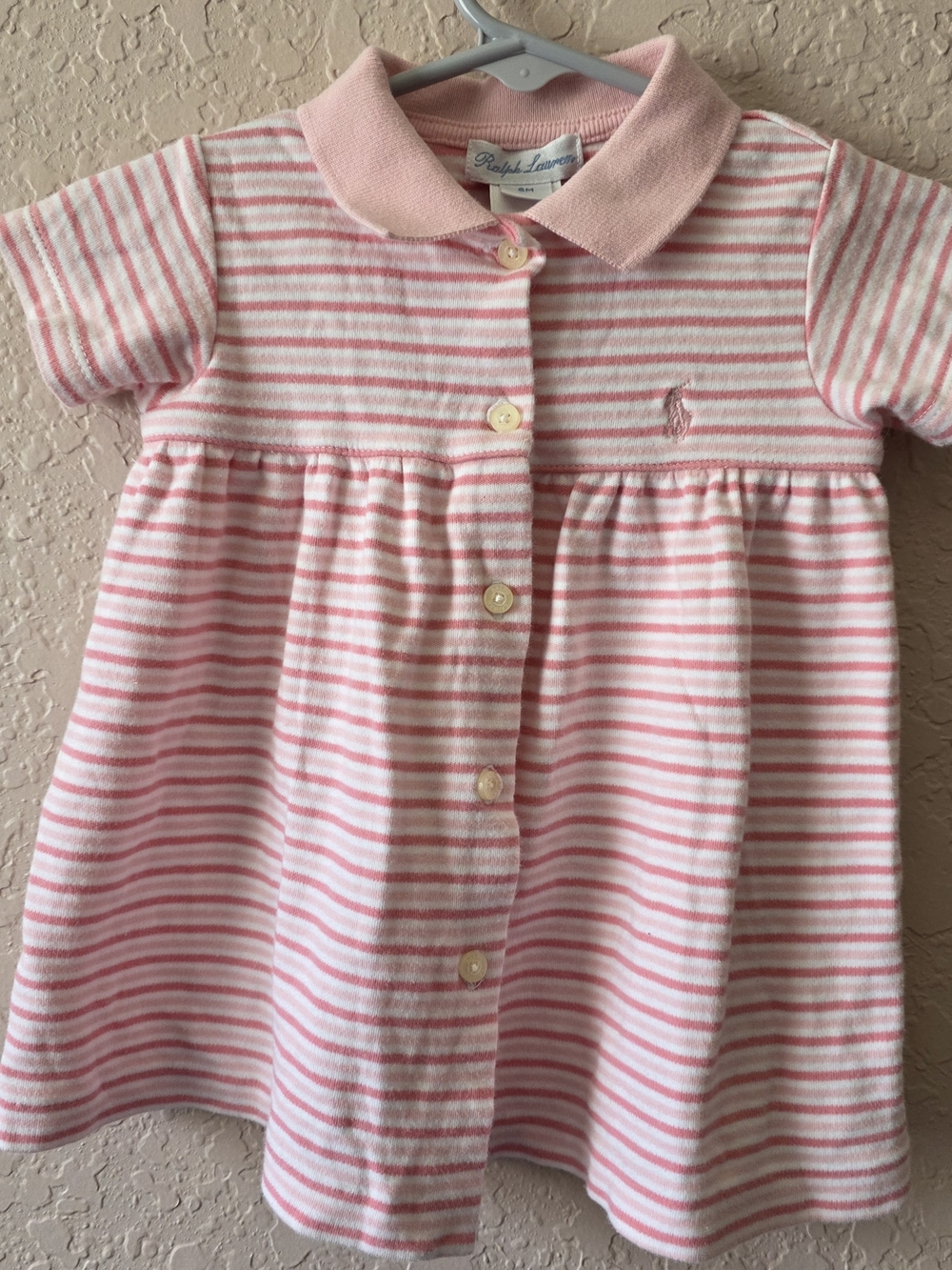 Ralph Lauren Baby Dress 6M Pink White Striped Polo Collar Cotton Infant